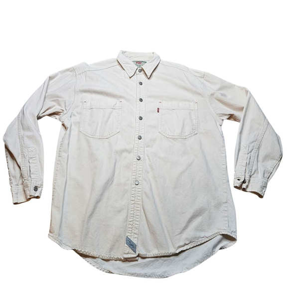 LEVI'S Vintage 90s Large Beige Denim Metal Button Down Long Sleeve Shirt - Picture 2 of 6